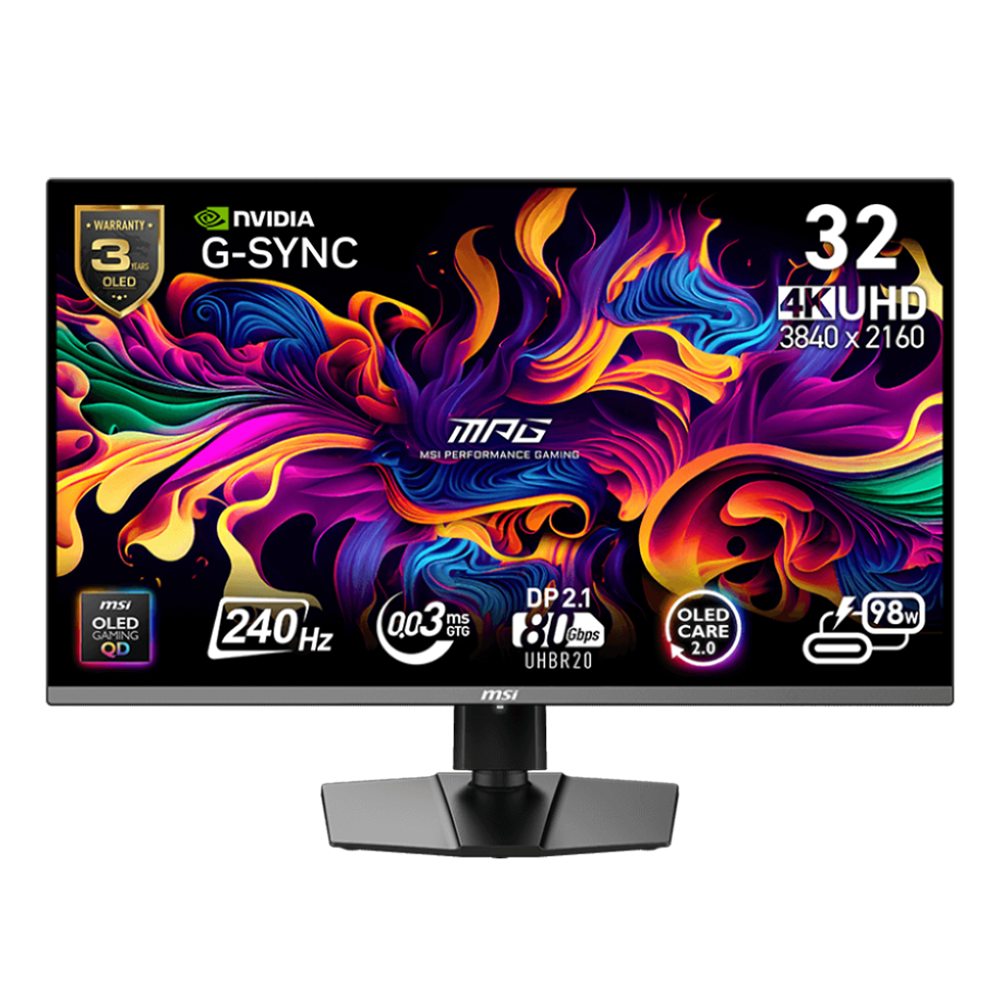 MSI MPG 322URX QD-OLED 32" 240Hz 0.03ms HDMI DP Type-C USB 2.0 Adaptive-Sync Pivot HDR400 UHD QD-OLED Gaming Monitör