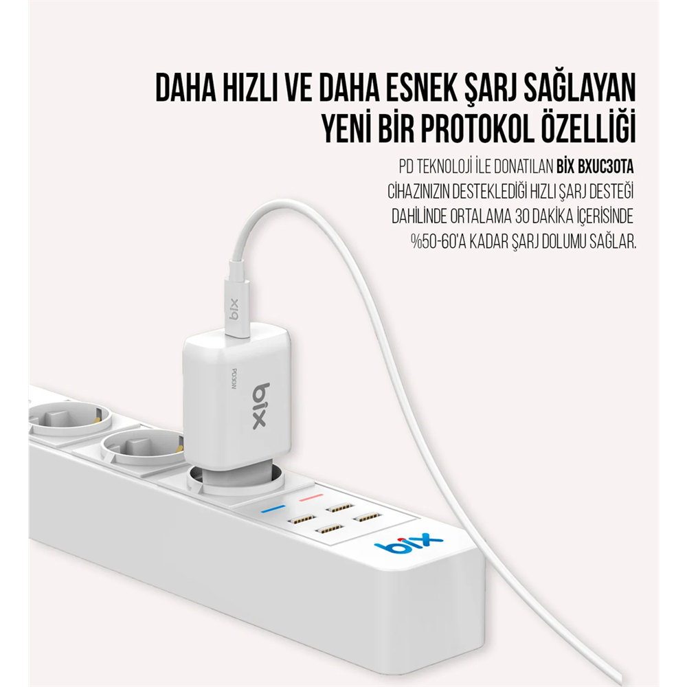 Bix BXUC30TA 30W Type-C PD 3.0 Hızlı Şarj Adaptörü ve 1 Metre 3A Type-C Şarj Kablosu