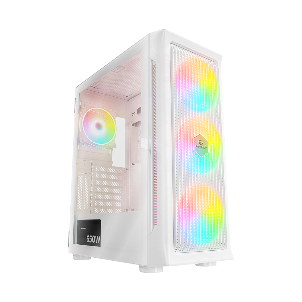 Rampage PROLIX 650W 80+ ARGB Fan Manyetik Temperli Camlı Mesh ATX Mid Tower Beyaz Gaming Kasa