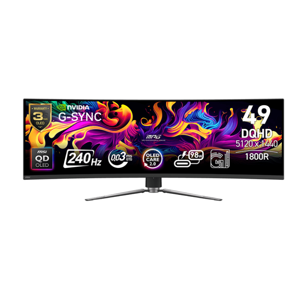 MSI 49" MPG 491CQPX QD-OLED 240Hz 0.03ms(GtG) HDMI DP Type-C 98W USB 2.0 HDR400 G-Sync DQHD QD-OLED Curve 1800R Gaming Monitör