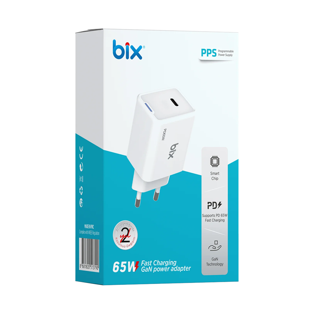 Bix BX1P65G GaN 65W Type-C PD Akım Korumalı ve LED Göstergeli Hızlı Şarj Cihazı