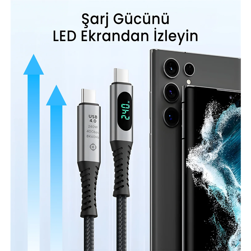 Bix BXCC244 USB4 Thunderbolt 4/3 Uyumlu PD 240W 40Gbps 8K 60Hz Ultra HD Dijital Ekran Göstergeli Şarj, Data ve Görüntü Kablosu 1 Metre
