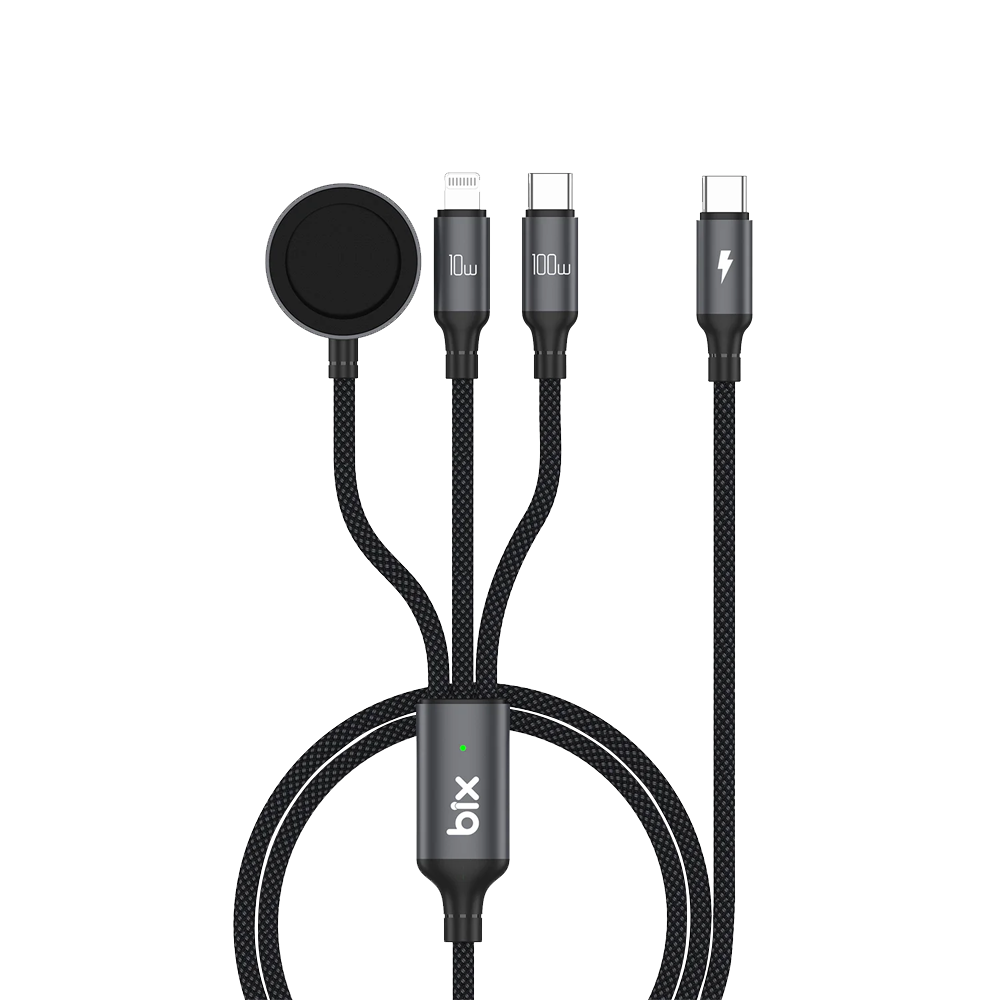 Bix BXA3W1 100W Type-C, Lightning ve Apple Watch Çoklu Şarj ve Data Kablosu Koyu Gri 1.2 Metre