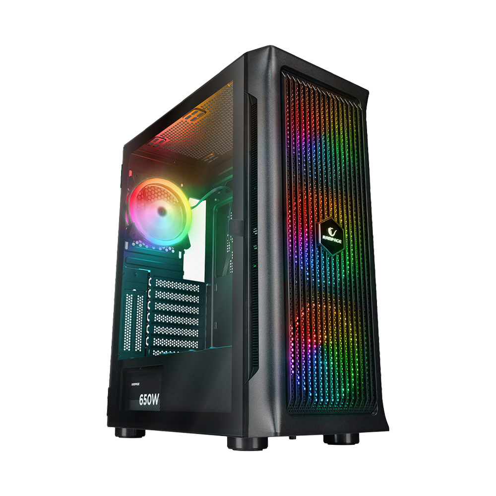Rampage PROLIX 650W 80+ ARGB Fan Manyetik Temperli Camlı Mesh ATX Mid Tower Siyah Gaming Kasa