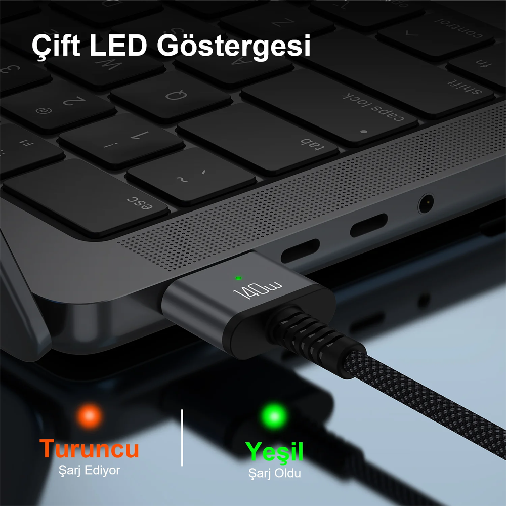 Bix BXM3C 140W Type-C to Magsafe Mac Uyumlu Manyetik Örgülü Şarj Kablosu 2 Metre