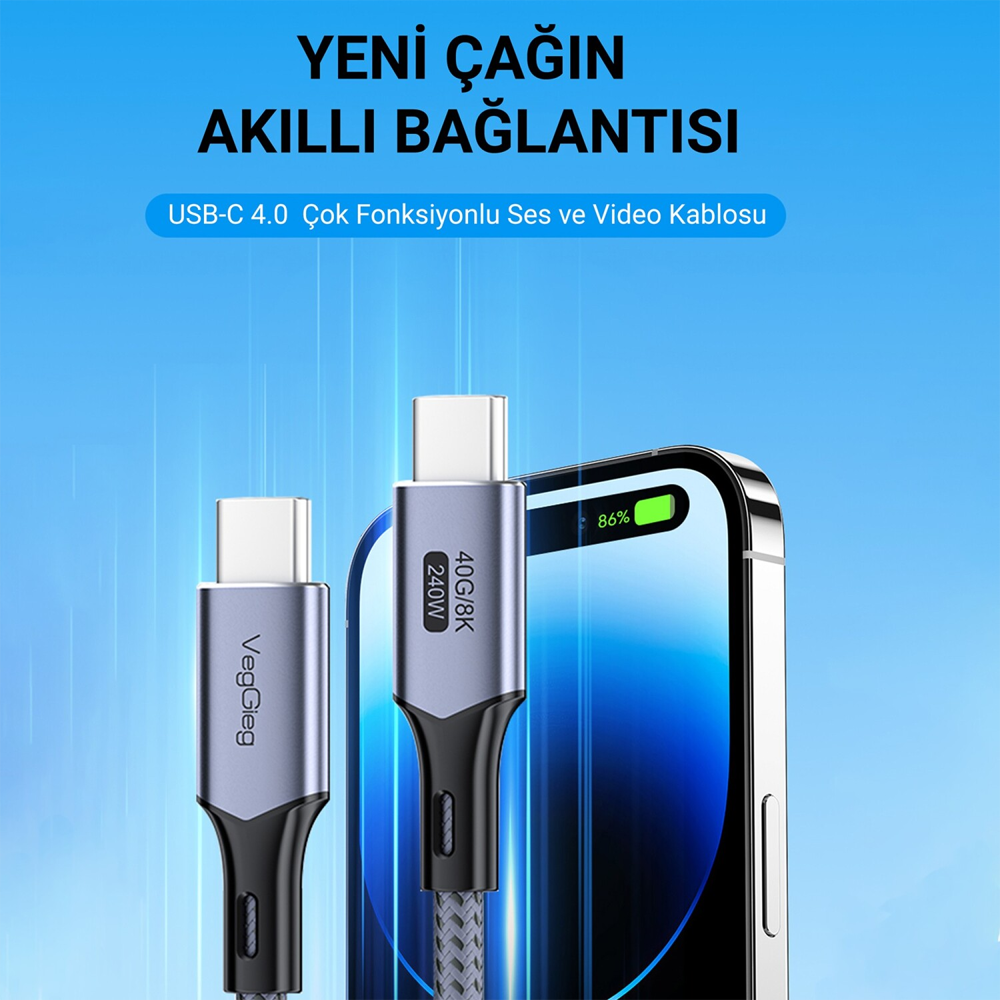 VegGeig 40 Gbps 8K/60Hz Type-C USB 4.0 Thunderbolt 4 Hızlı Sarj ve Data Kablosu 1 Metre