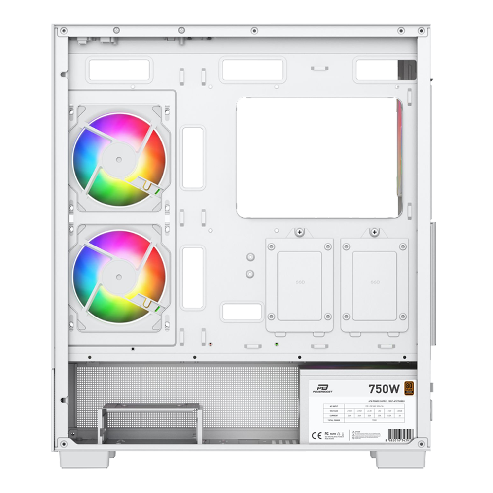 PowerBoost PB-PBE6075W 750W 80+ Bronze 6*12cm ARGB Fanlı USB 3.0 ATX Mid Tower Beyaz Gaming Kasa