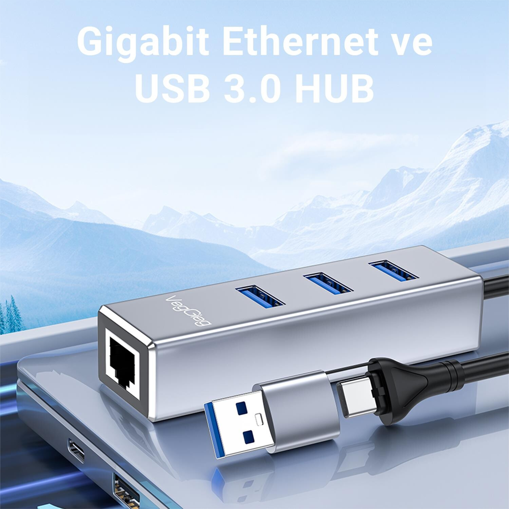 VegGieg USB 3.0 Type-C Gigabit Ethernet Adaptörü Çoklayıcı Hub 