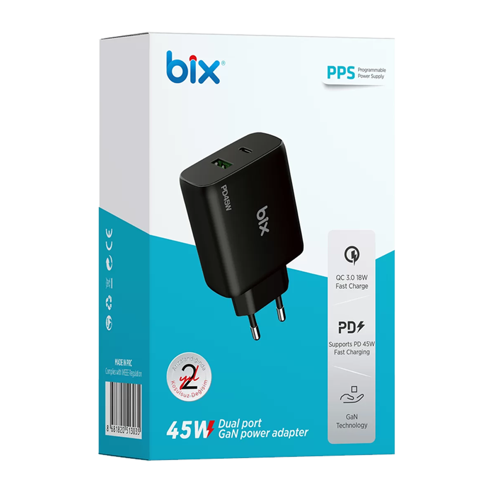 Bix BX2P45G GaN PD 45W Type-C ve USB-A QC 18W Çift Portlu Akım Korumalı Hızlı Şarj Cihazı