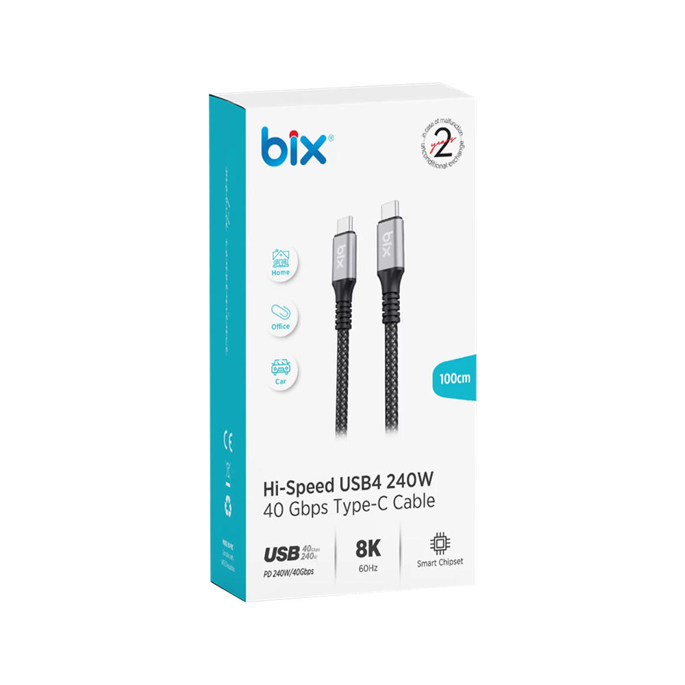 Bix BXCC242 USB4 Thunderbolt 3/4 Uyumlu USB-C IF 240W 40Gbps 8K 60Hz UHD Şarj, Data ve Görüntü Kablosu