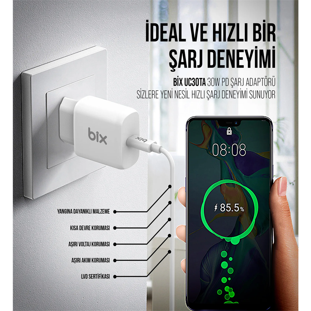 Bix BXUC30TA 30W Type-C PD 3.0 Hızlı Şarj Adaptörü ve 1 Metre 3A Type-C Şarj Kablosu