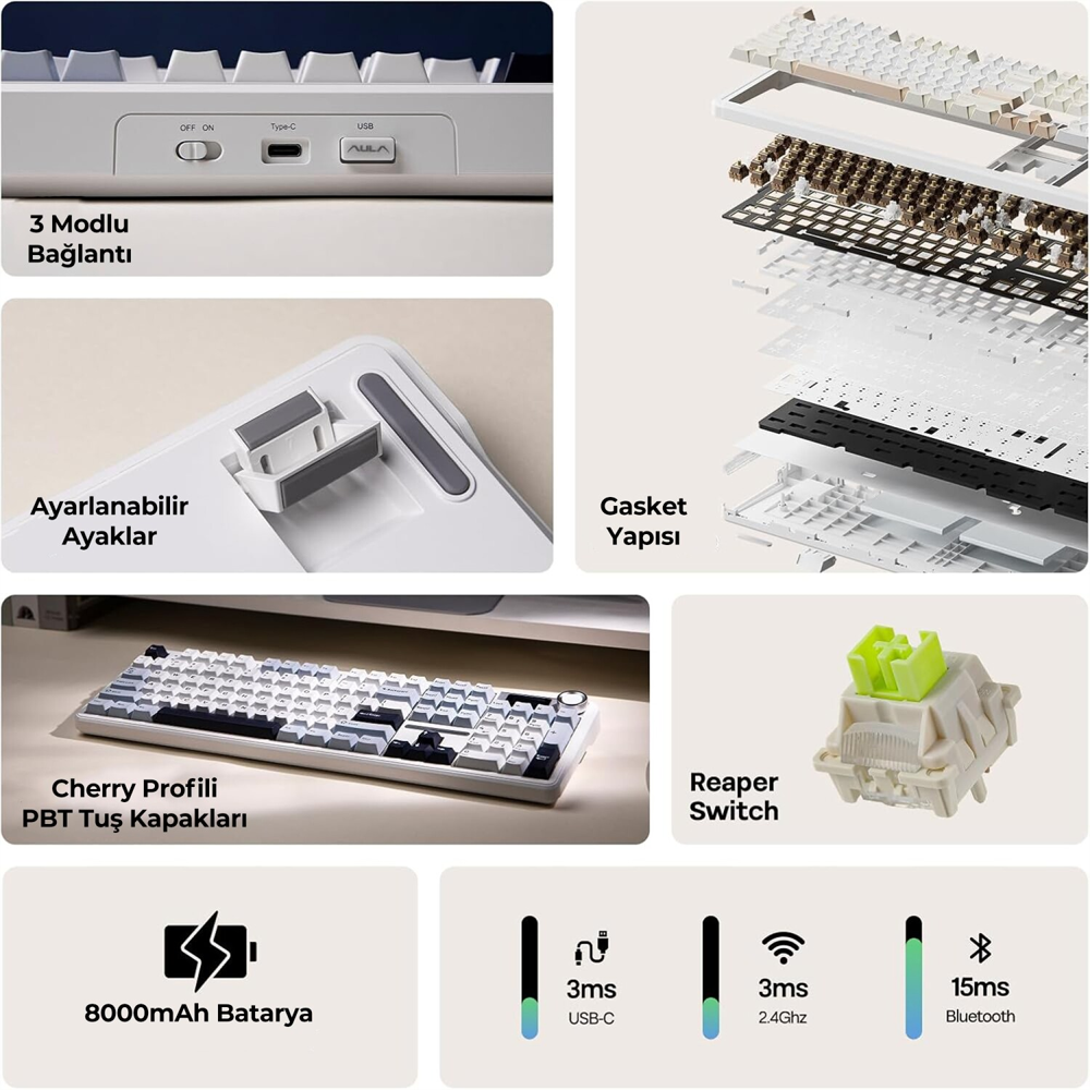 Aula F108 Pro Reaper Switch RGB Mavi Gaming Klavye