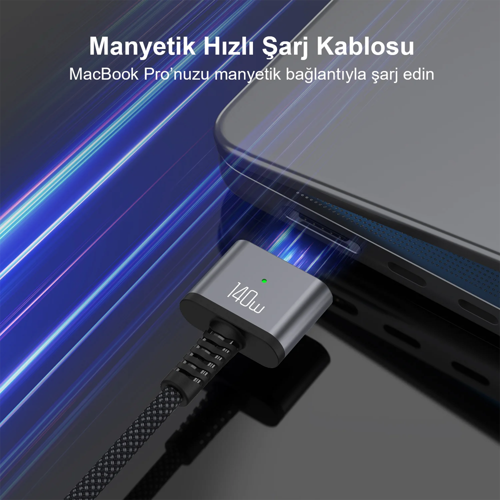 Bix BXM3C 140W Type-C to Magsafe Mac Uyumlu Manyetik Örgülü Şarj Kablosu 2 Metre