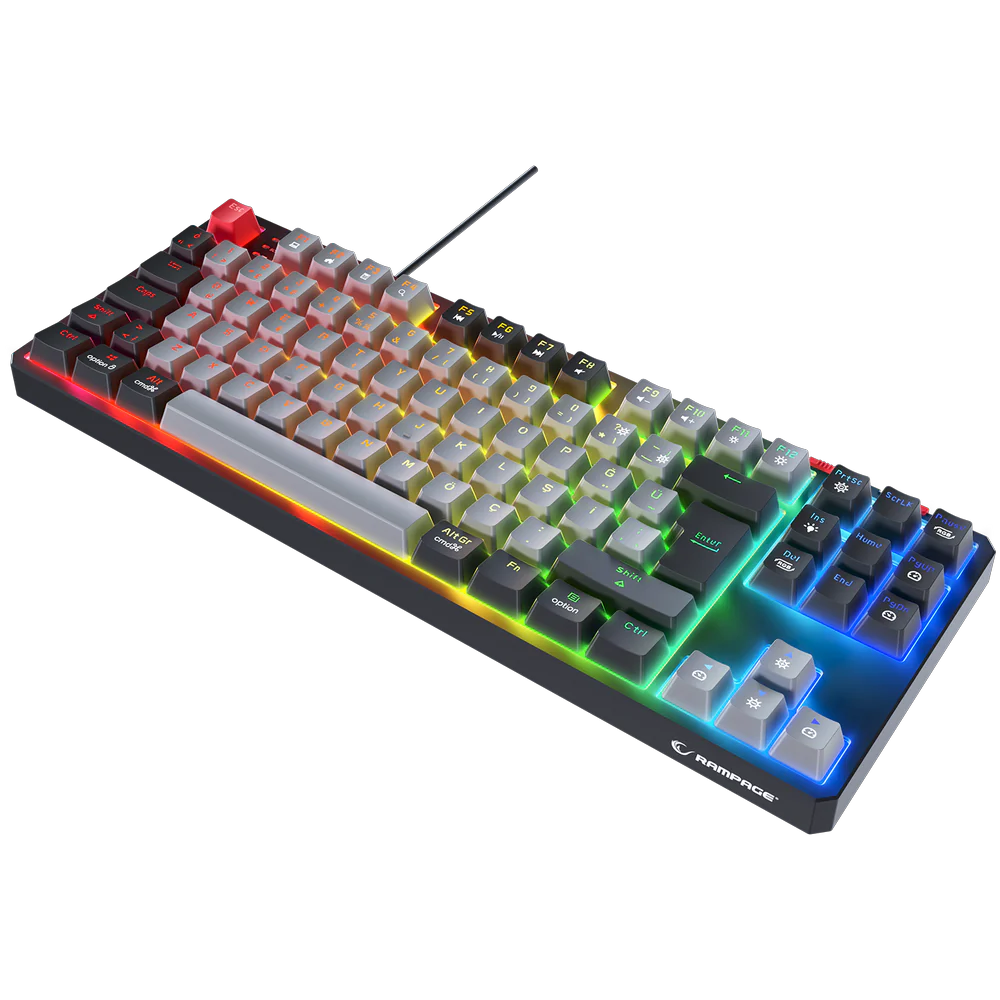 Rampage YORU TKL Gri/Siyah Type-C Bağlantılı OUTEMU Red Swich Q Mekanik RGB Gaming Klavyesi