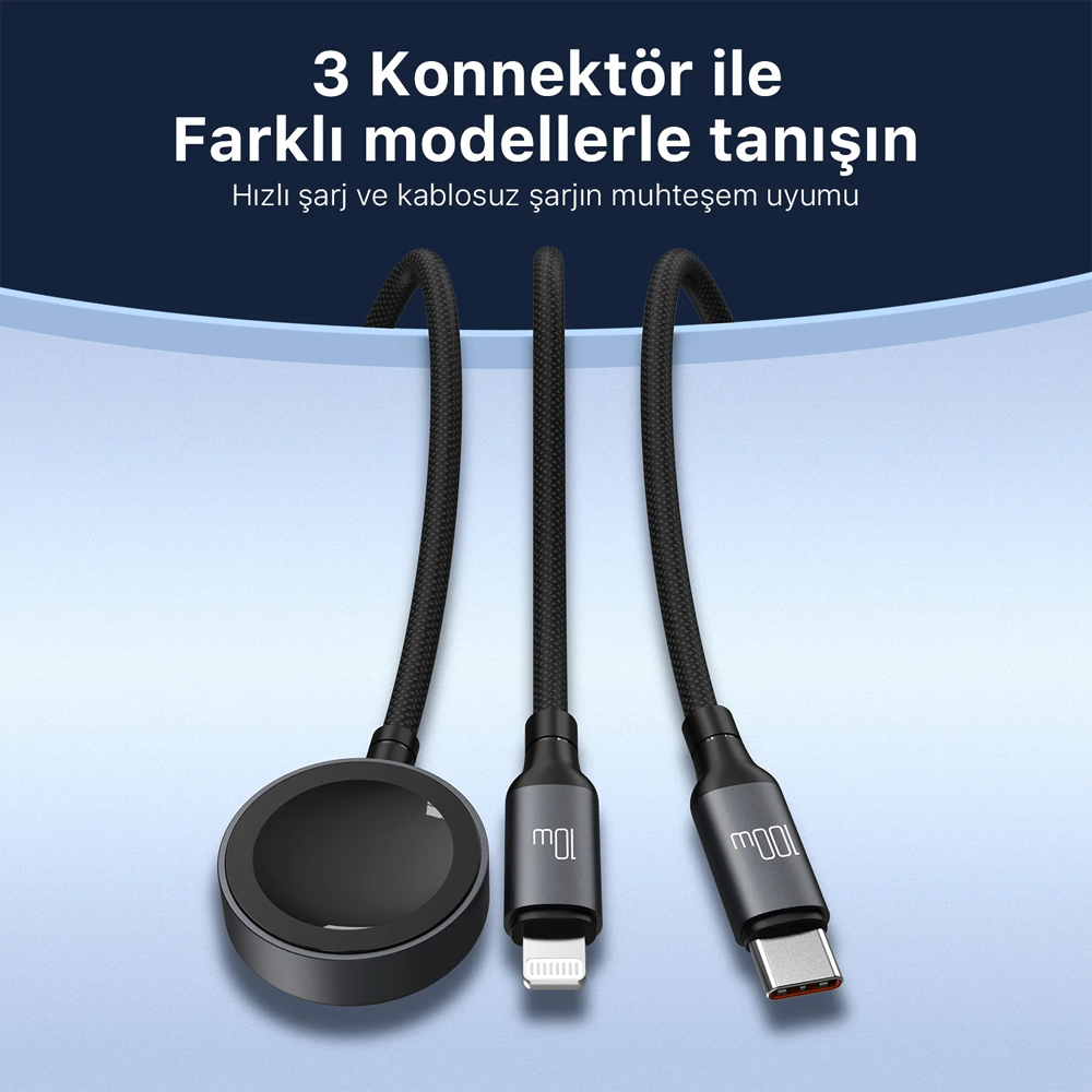 Bix BXA3W1 100W Type-C, Lightning ve Apple Watch Çoklu Şarj ve Data Kablosu Koyu Gri 1.2 Metre