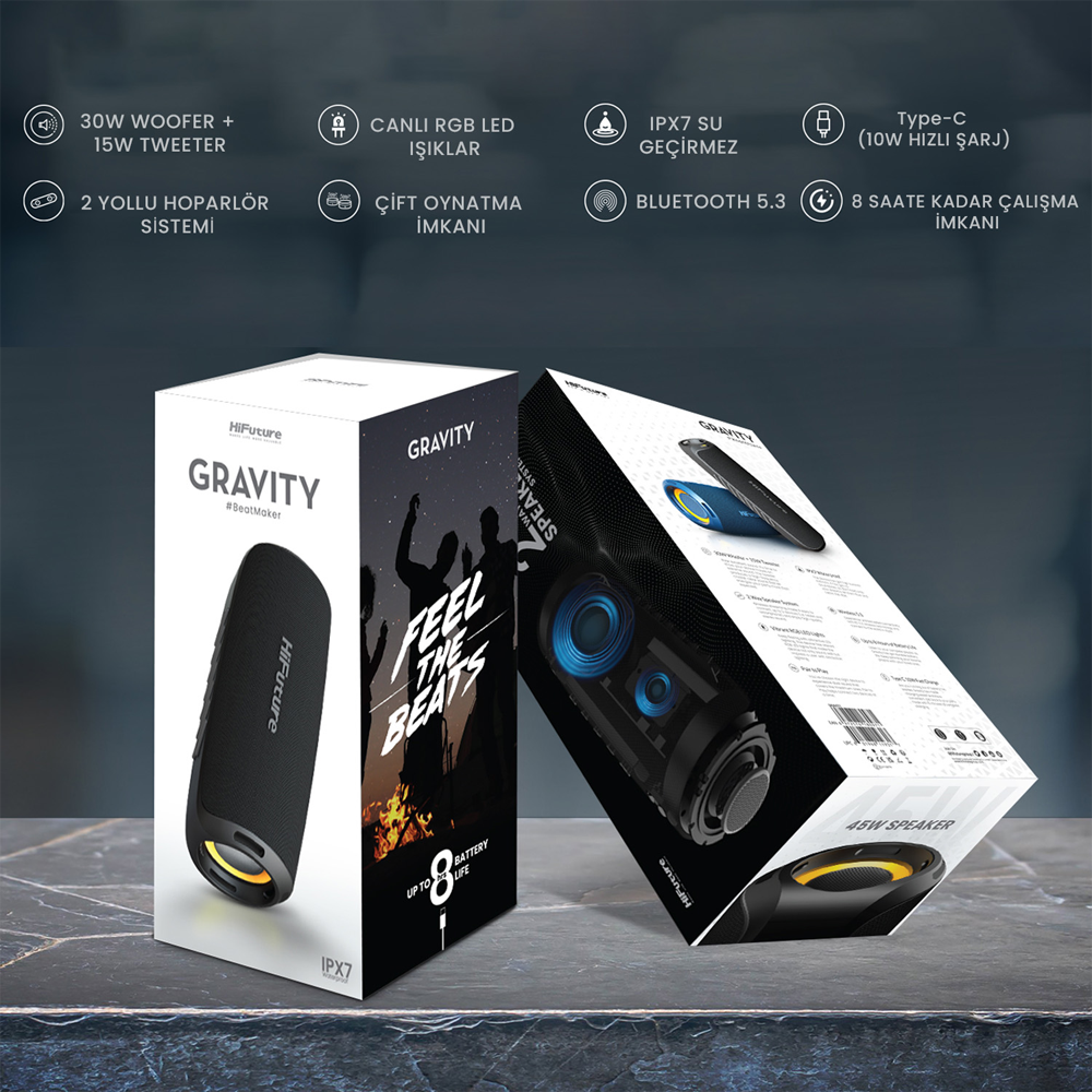 HiFuture Gravity RGB BT 5.3 45W Siyah Su Geçirmez Taşınabilir Bluetooth Hoparlör