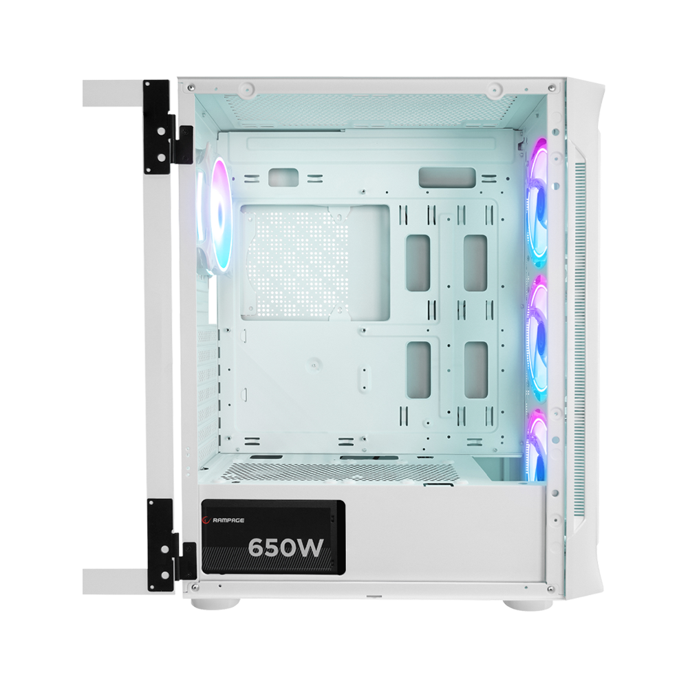 Rampage PROLIX 650W 80+ ARGB Fan Manyetik Temperli Camlı Mesh ATX Mid Tower Beyaz Gaming Kasa