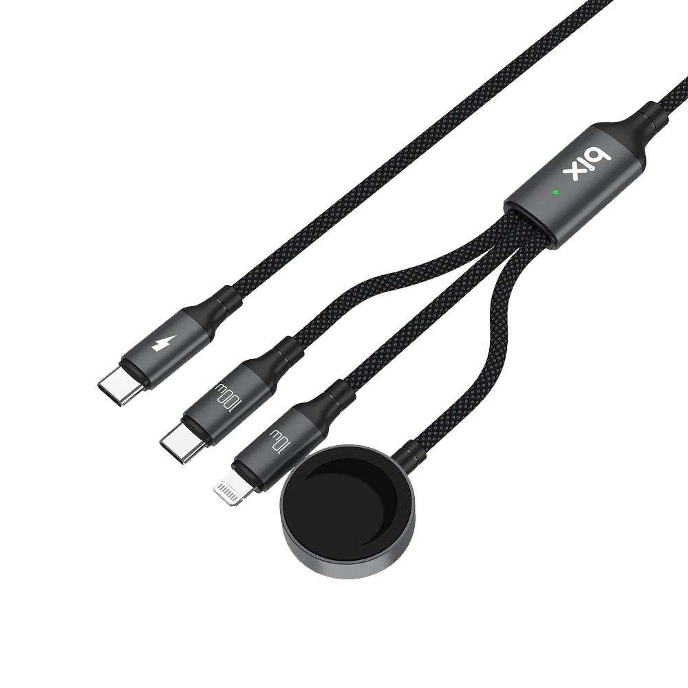 Bix BXA3W1 100W Type-C, Lightning ve Apple Watch Çoklu Şarj ve Data Kablosu Koyu Gri 1.2 Metre