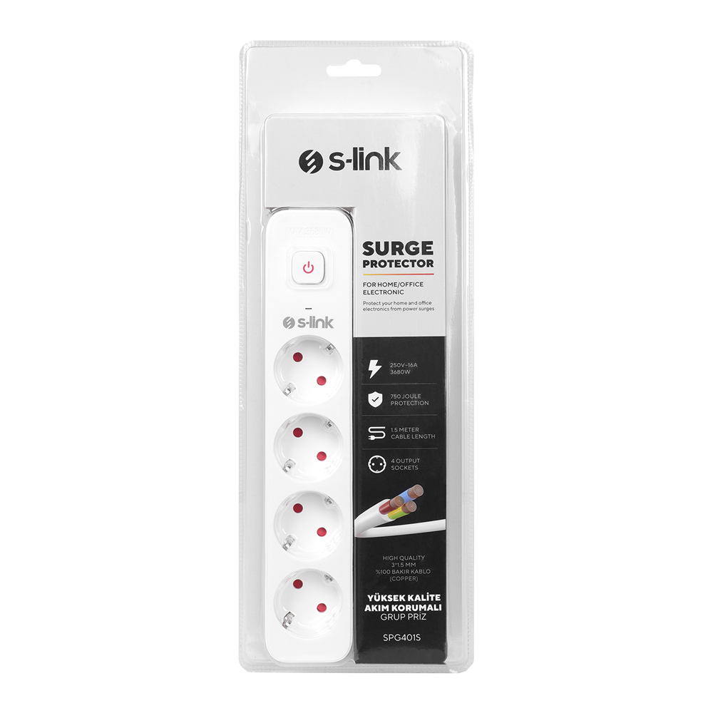 S-link SPG401S 1.5m 1.5mm Bakır 750 Joule 4 lü Anahtarlı Akım Korumalı Priz