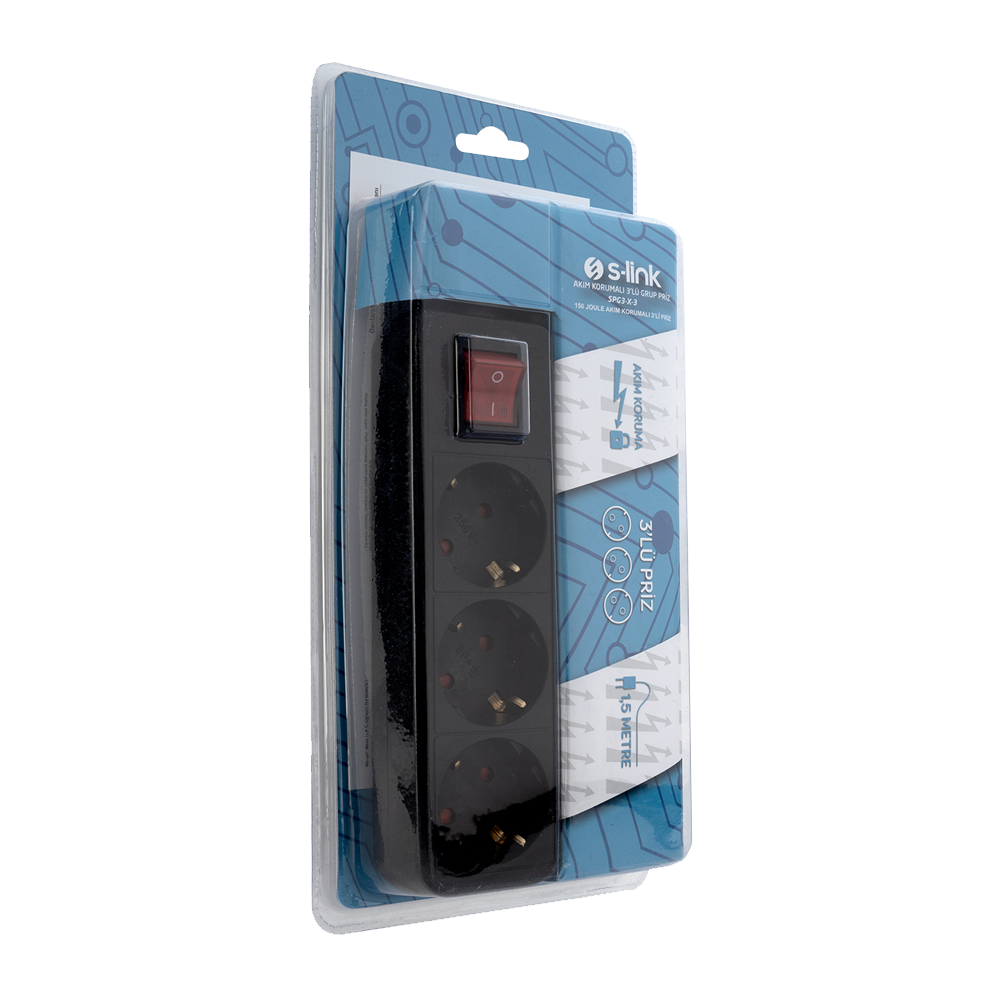 S-link SPG3-X-3 1.5m 150 Joule 3 lü Anahtarlı Akım Korumalı Siyah Priz