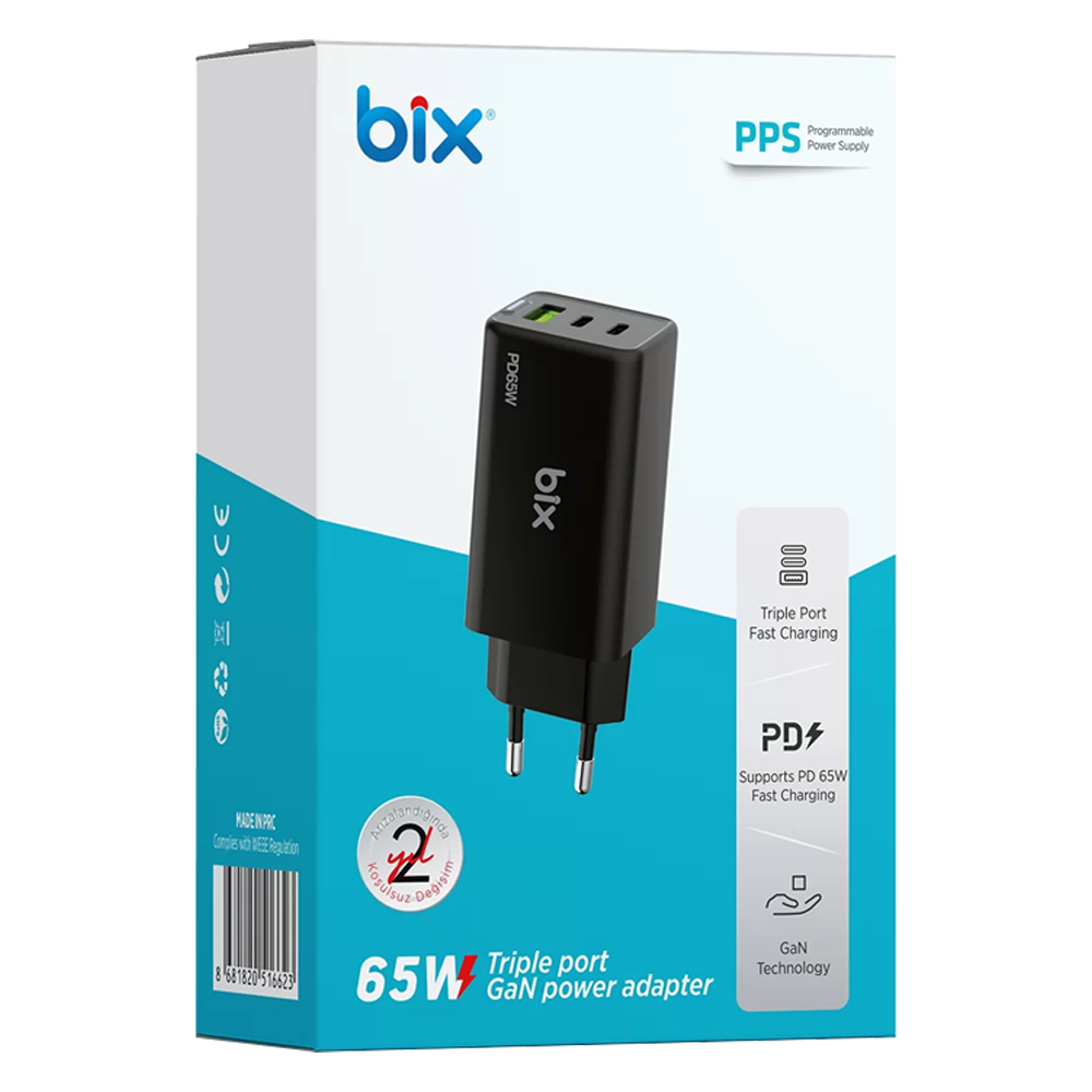 Bix BX3P66G GaN 65W Type-C USB 3.0 ve USB-A QC Üç Portlu Hızlı Şarj Cihazı