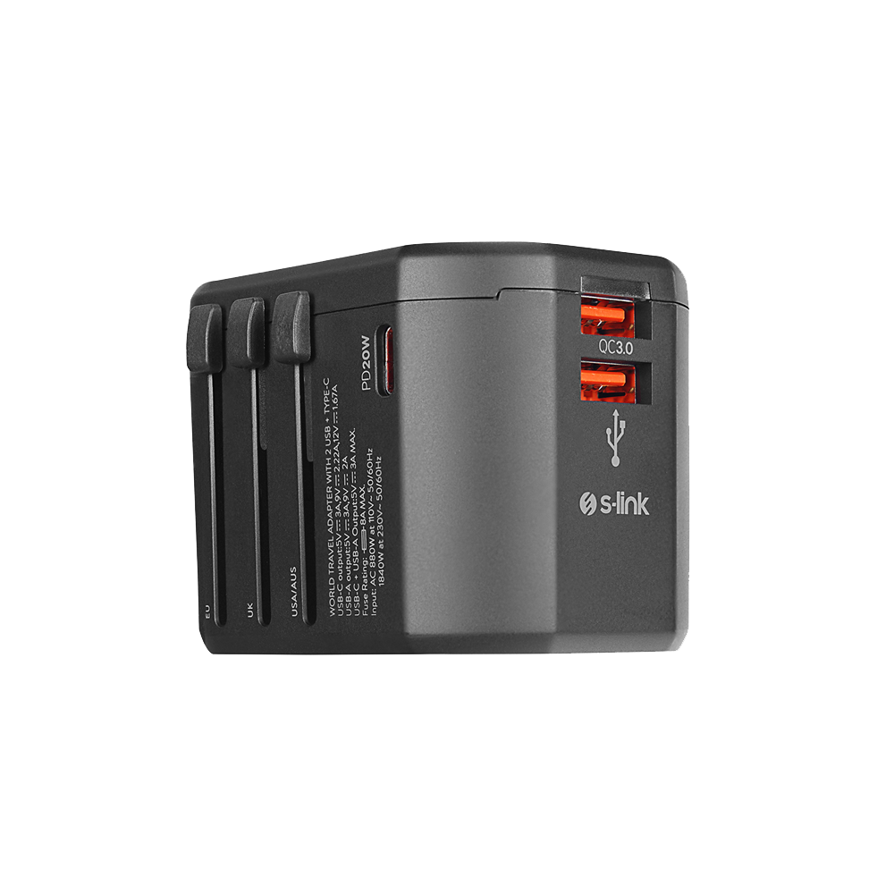 S-link SL-WL20PD 20W 2XUSB 2.4A+PD 100-240V Universal Çevirici Priz Adaptörü