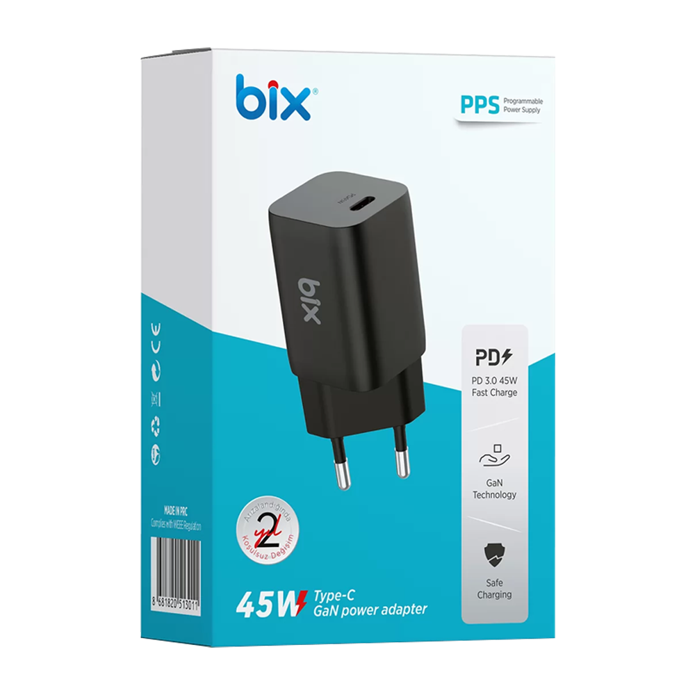 Bix BX45G GaN Type-C PD 3.0 45W PPS Mini Hızlı Şarj Cihazı