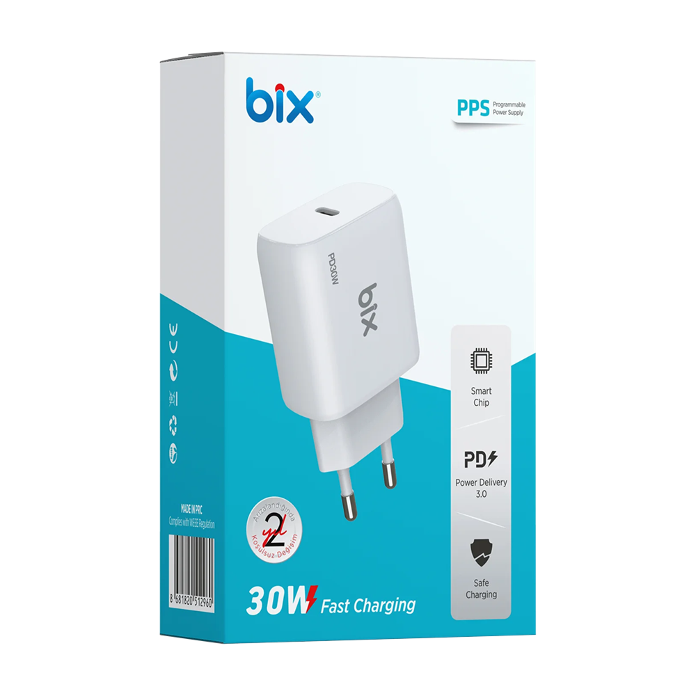 Bix BXPD30TA 30W Type-C PD 3.0 PPS Akım Korumalı Siyah Hızlı Şarj Adaptörü