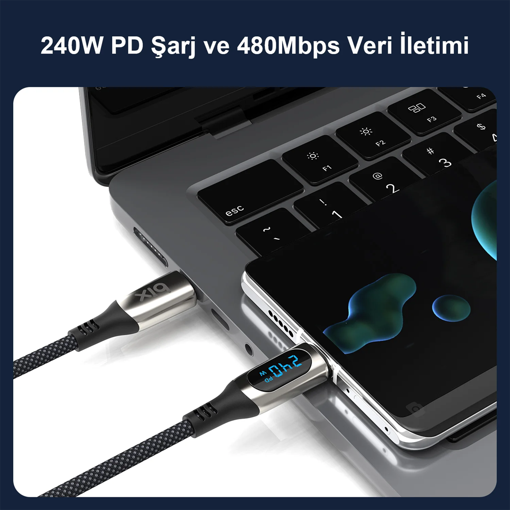 Bix BXCC243 Type-C to Type-C 240W 480Mbps E-Marker Çip Örgülü Şarj ve Data Kablosu 1 Metre