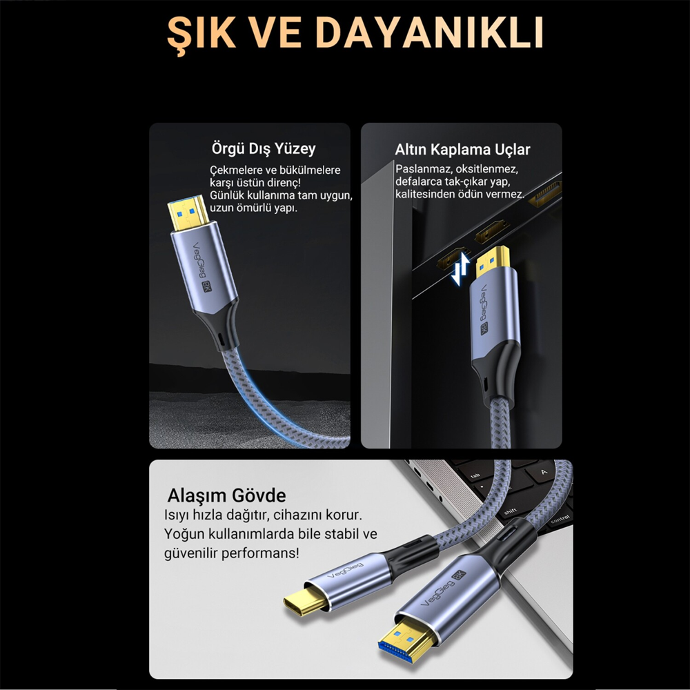 VegGeig 48 Gbps 8K/60Hz 4K/240Hz Type-C to HDMI 3D Örgülü HDMI Kablo 2 Metre