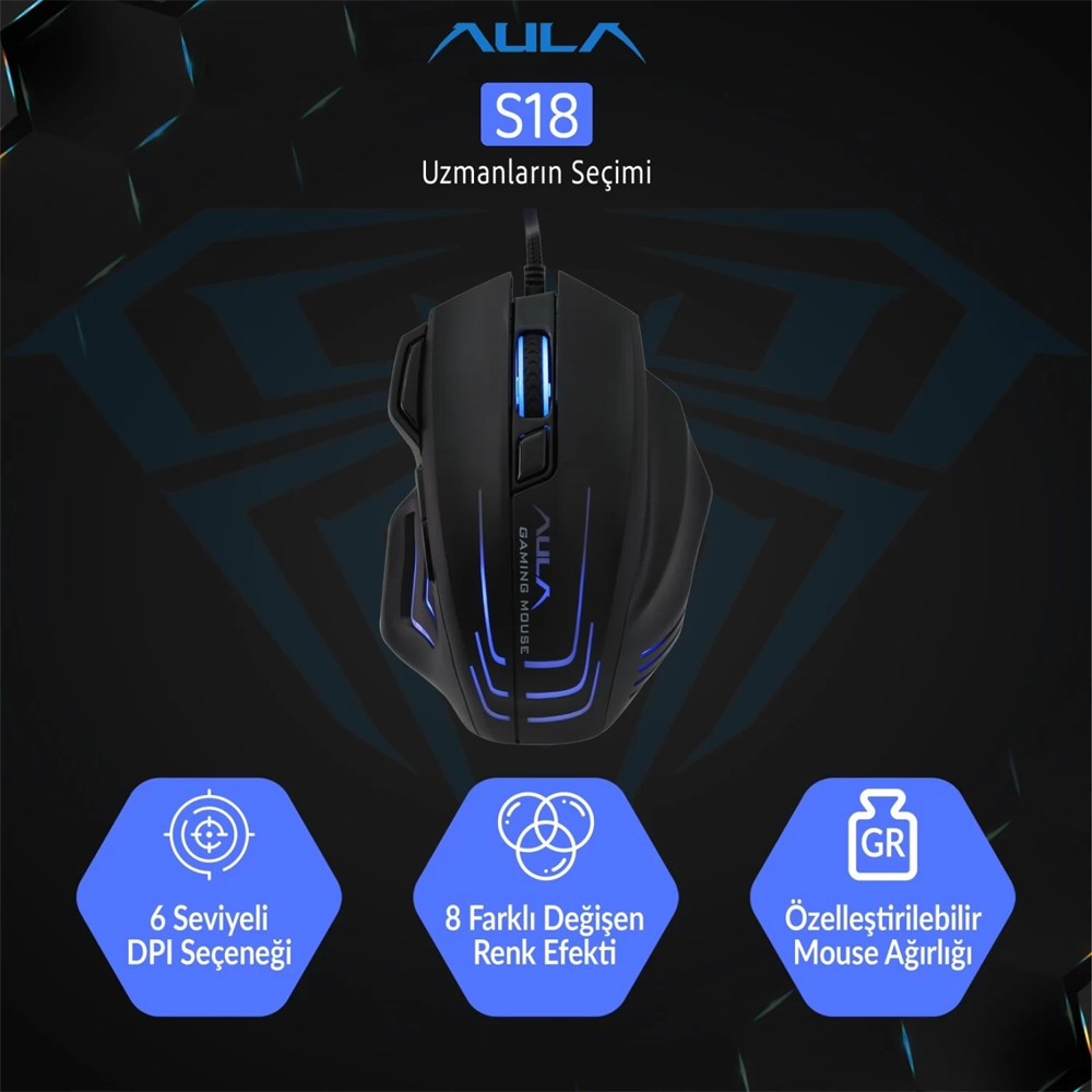 Aula S18 6400 DPI 1000Hz Siyah Kablolu Gaming Mouse