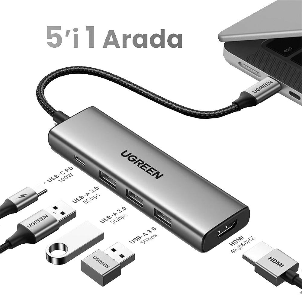 Ugreen 5-in-1 USB-C 100W PD 4K HDMI Hub Çoklayıcı, Gri