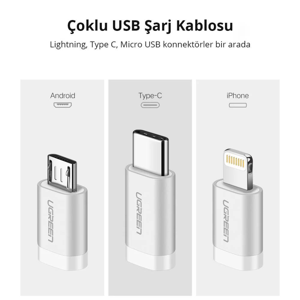 Ugreen iOS Lightning Type-C Micro USB 3 in 1  1M Siyah Şarj ve Data Kablosu