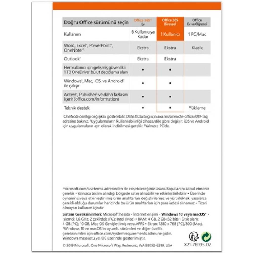 Microsoft Office 365 Bireysel Türkçe Kutu 1 Yıl