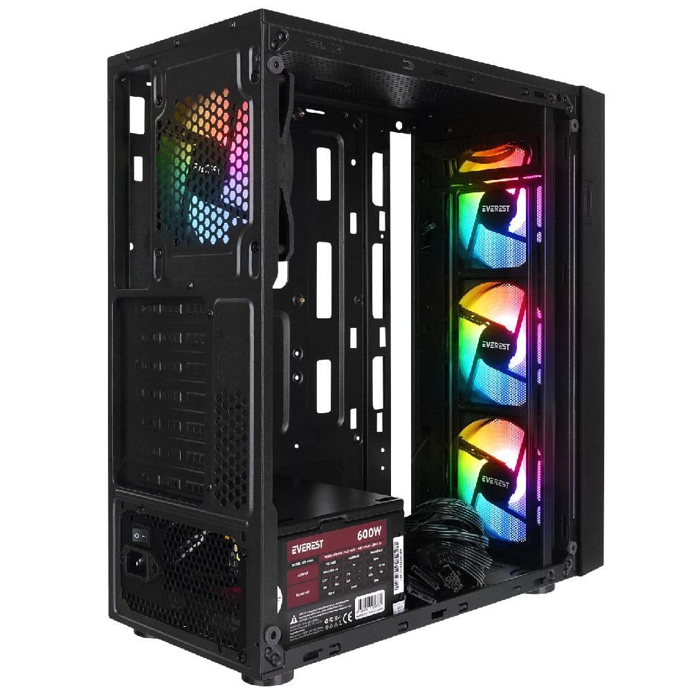 Everest FACED V5 600W Tempered Glass USB 3.0 Mesh Rainbow ATX Mid Tower Siyah Kasa
