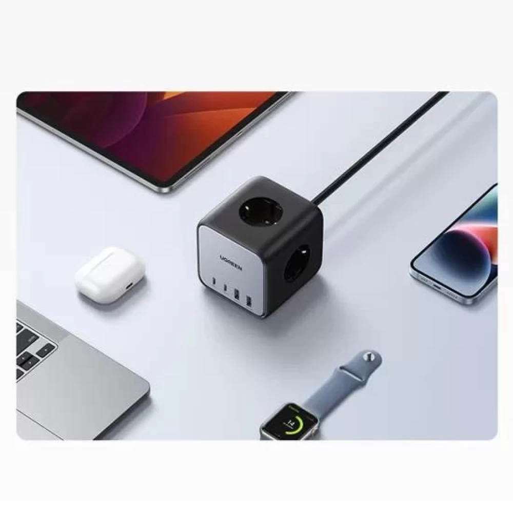 Ugreen DigiNest Cube 65W GaN 2 Hızlı Şarj Cihazı 2*USB / 2*Type-C 3 lü Akım Korumalı Küp Grup Priz