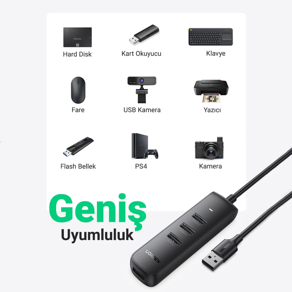 Ugreen 4 Portlu USB 3.0 25CM Çoklayıcı HUB Adaptör 