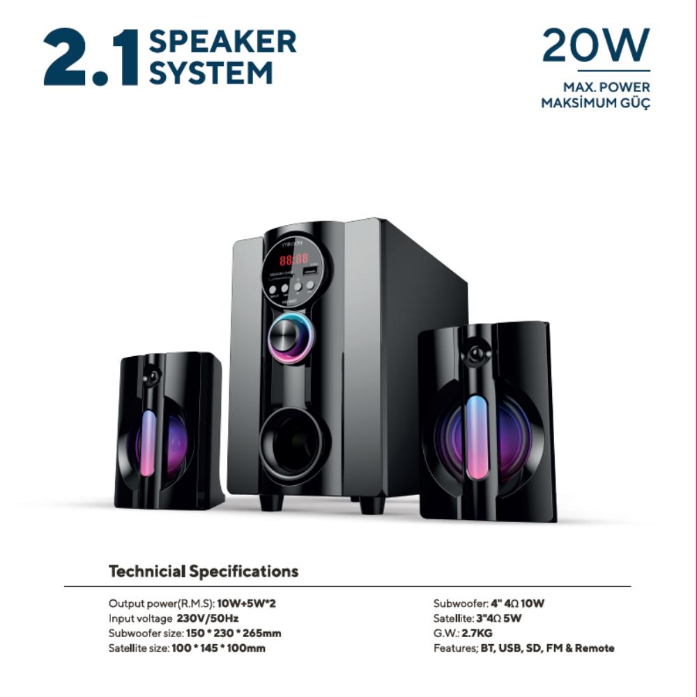 Mikado MD-95BT 2+1 20W Siyah Multimedya Fm/bt/sd/usb Hoparlör