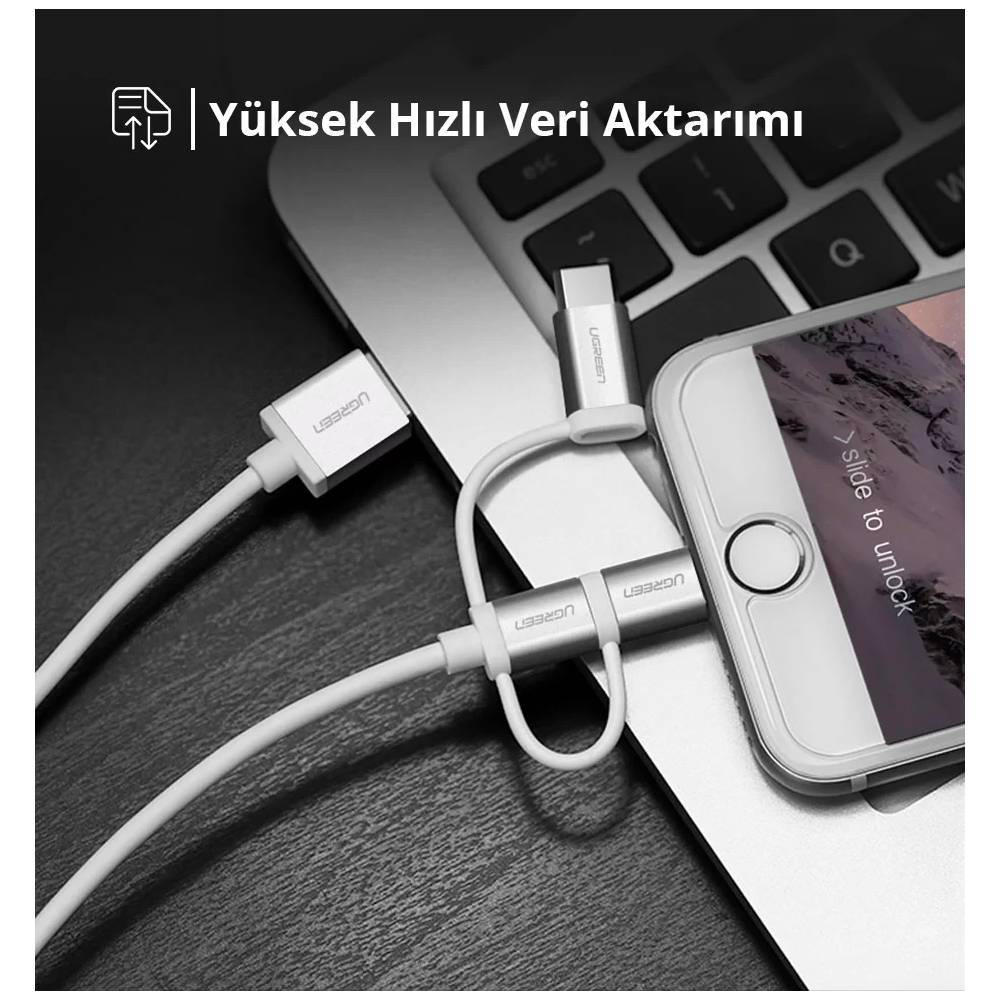 Ugreen iOS Lightning Type-C Micro USB 3 in 1  1M Siyah Şarj ve Data Kablosu