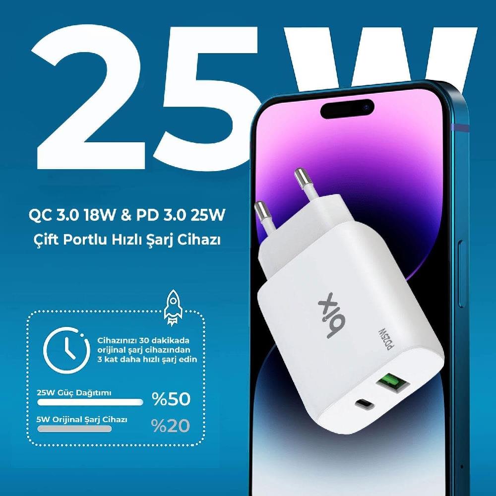 Bix 25W USB Type-C PD Çift Portlu Hızlı Şarj Cihazı Siyah