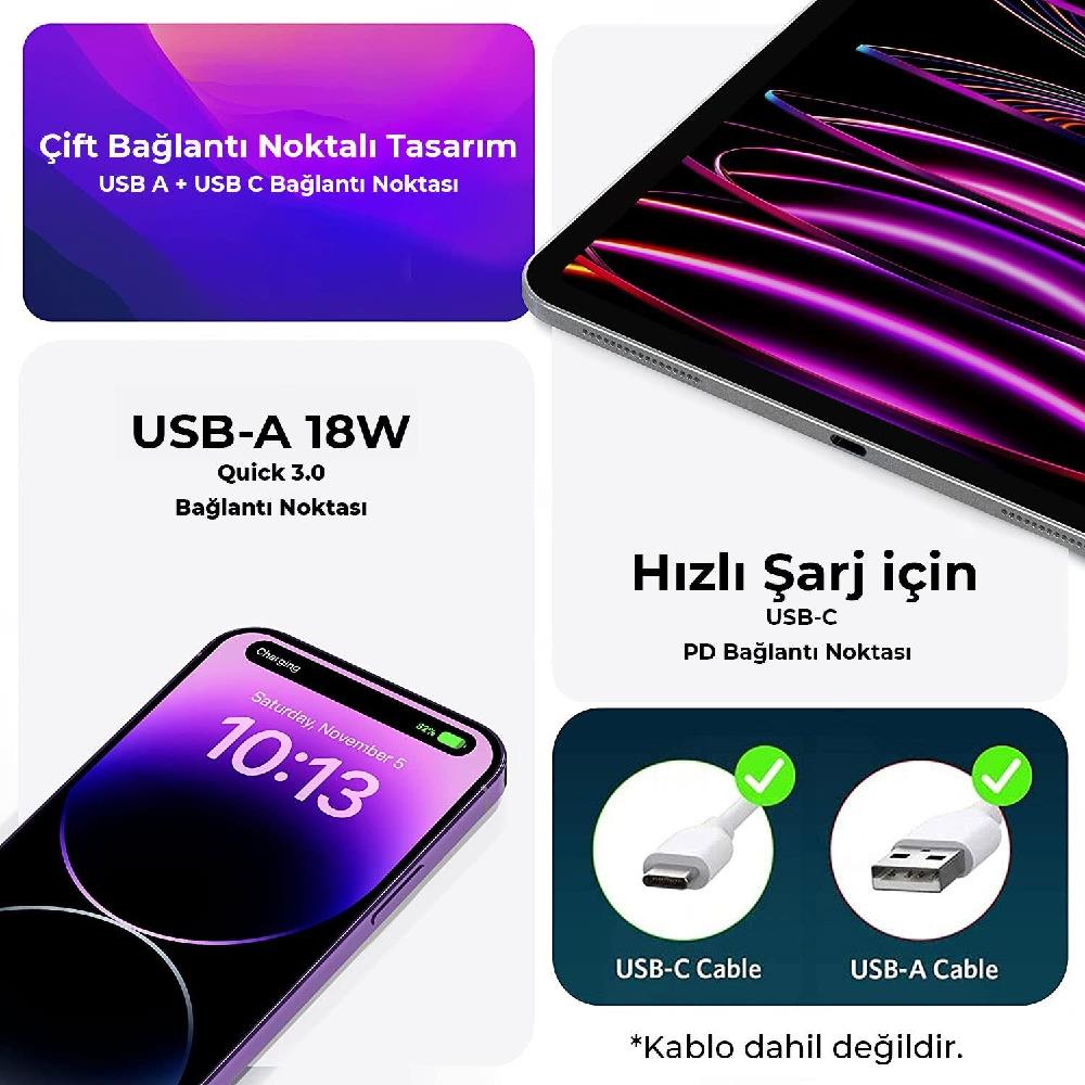 Bix 25W USB Type-C PD Çift Portlu Hızlı Şarj Cihazı Beyaz
