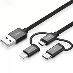 Ugreen iOS Lightning Type-C Micro USB 3 in 1  1M Siyah Şarj ve Data Kablosu