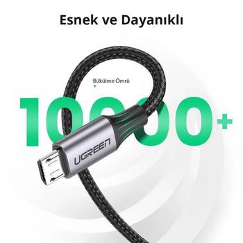 Ugreen USB to Micro USB 18W 50CM Siyah Örgülü Hızlı Şarj Kablosu