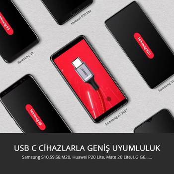 Ugreen USB A to USB C 1M Kırmızı Hızlı Şarj Kablosu
