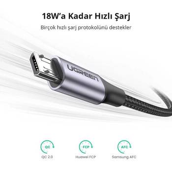 Ugreen USB to Micro USB 18W 1M Silver Örgülü Hızlı Şarj Kablosu