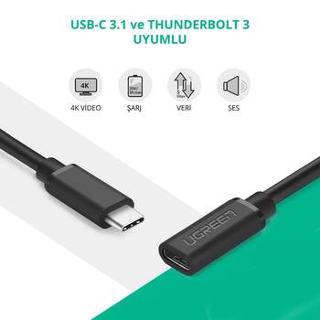 Ugreen USB 3.1 Thunderbolt 3 Type-C Erkek to Type-C 50cm Dişi Uzatma Kablosu