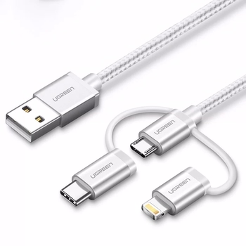 Ugreen 3 in 1 iOS Lightning Type-C Micro USB Örgülü 1.5m Şarj ve Data Kablosu Gümüş 