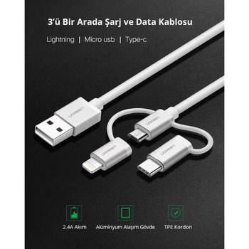 Ugreen 3 in 1 iOS Lightning Type-C Micro USB Şarj ve Data Kablosu Gümüş 1 Metre