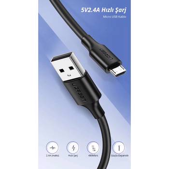 Ugreen USB to Micro USB 2M Siyah Hızlı Şarj Kablosu